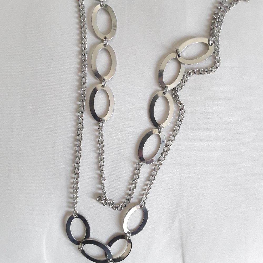 Silvertone Ovals Double strand Chains Long Necklace